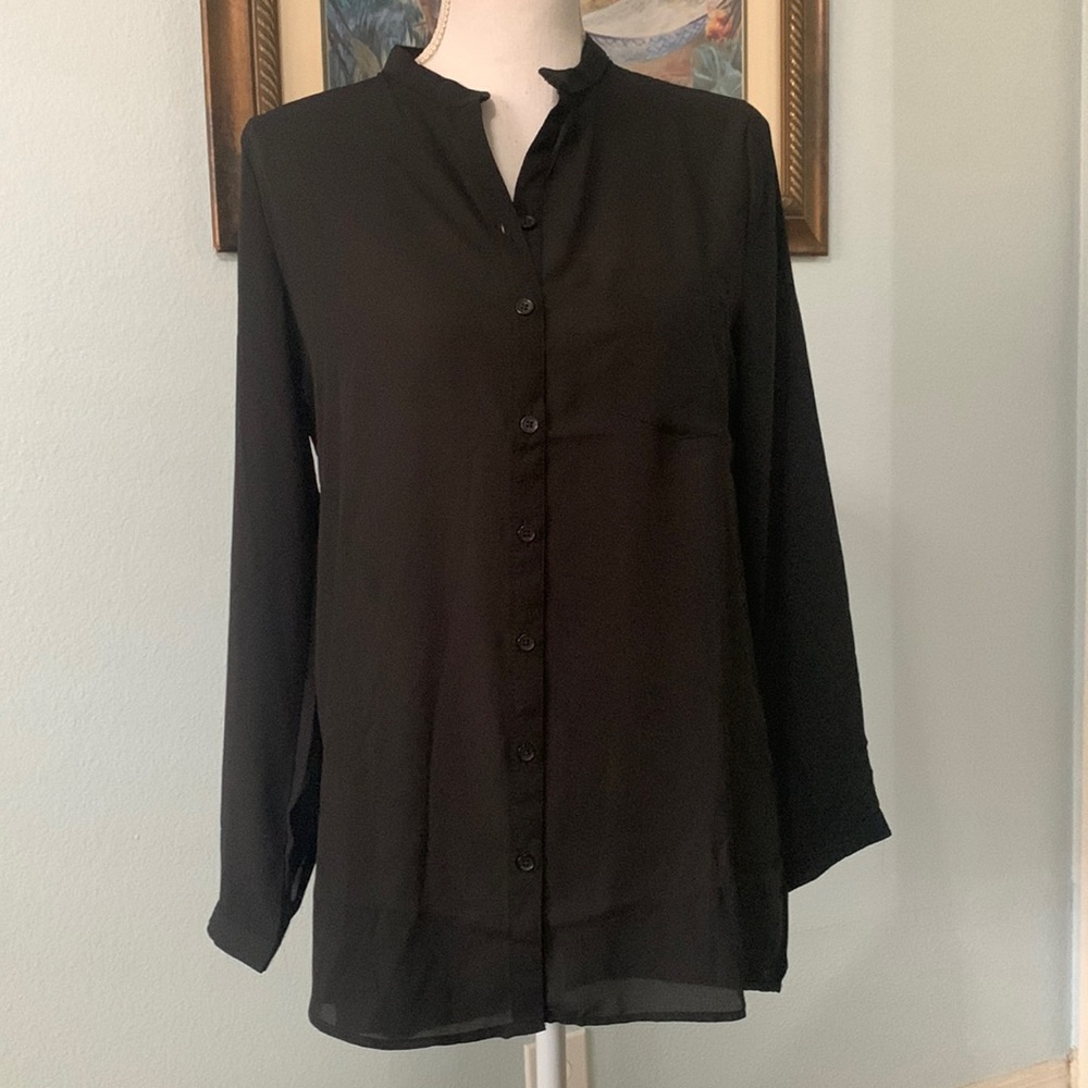 Black sheer button up blouse, New.